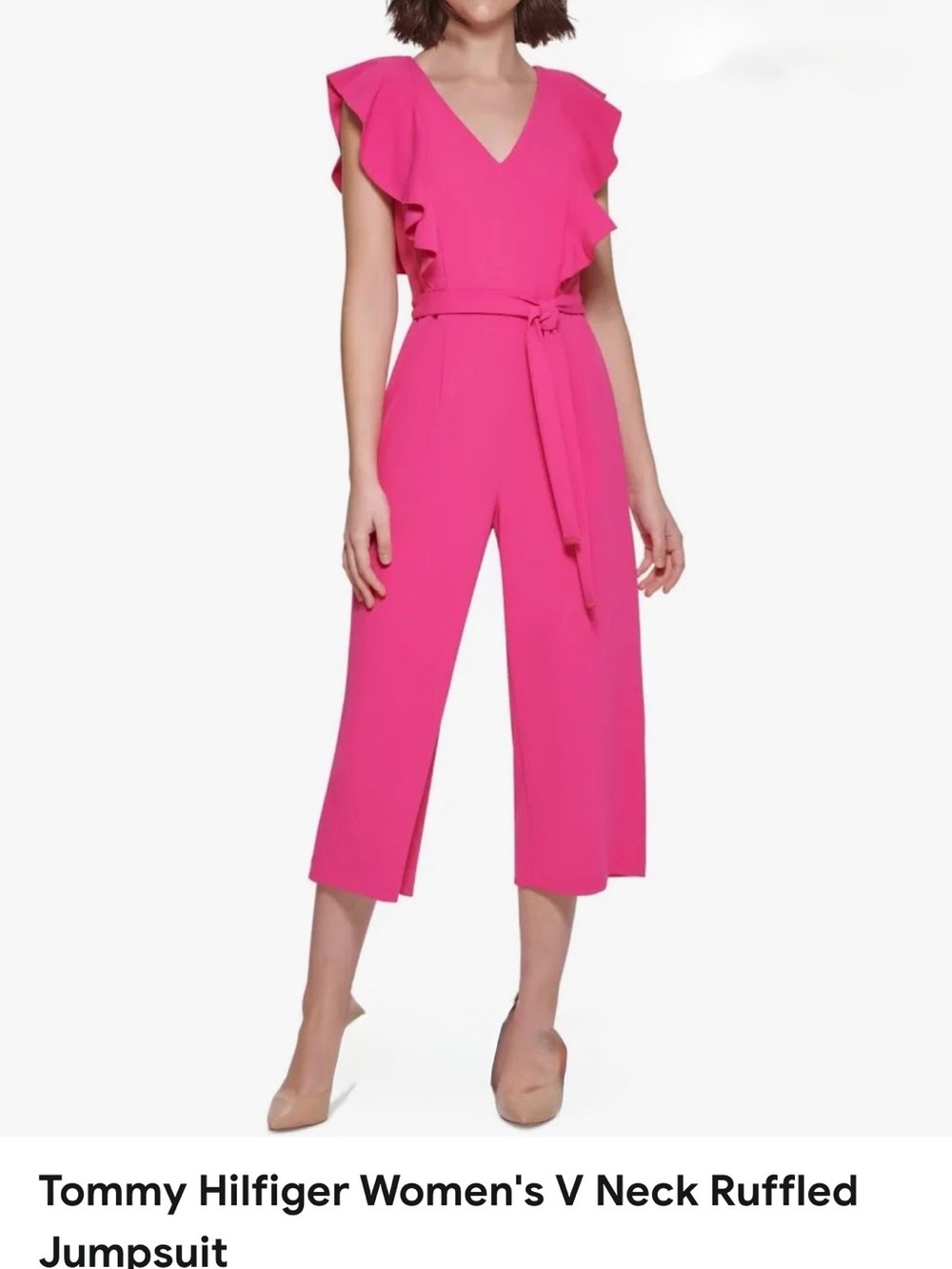 Tommy Hilfiger Pink Ruffle V-Neck Wide-Leg Jumpsuit